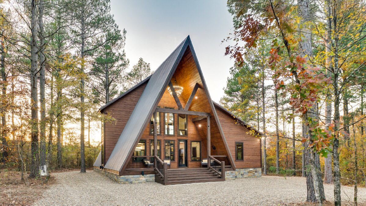 Luxury cabin rental property at dusk